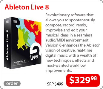 Ableton Live 8Revolutionary software that allows you to spontaneously compose, record, remix, improvise andmusical ideas in a seamless audio/MIDI environment. Version 8 enhances the Ableton vision of creative, real-time digital music with a wealth of new techniques, effects and most-wanted workflow improvements. Price: $329.98 (SRP $499)